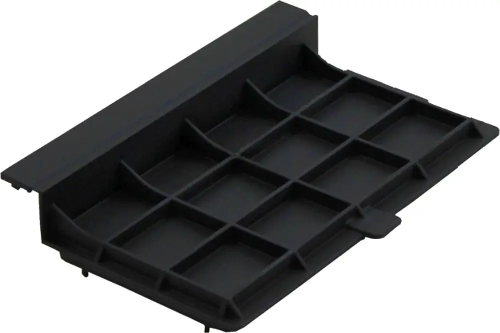 Schwarze Klappe mit mehreren Fächern, hergestellt von Wolf, zur Abdeckung einer Zusatzplatine, mit Platz für verschiedene Komponenten oder Zubehör.